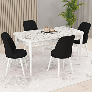 Kaf Beyaz Mermer Desen 80x132 Açılabilir Mutfak Masası Takımı, 4 Adet Sandalye Siyah