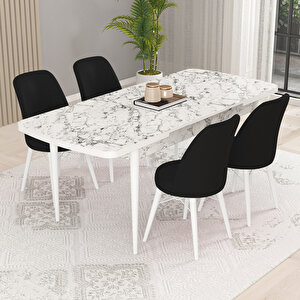 Kaf Beyaz Mermer Desen 80x132 Açılabilir Mutfak Masası Takımı, 4 Adet Sandalye Siyah