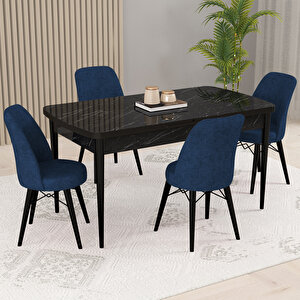 Kaf Siyah Mermer Desen 80x132 Açılabilir Mutfak Masası Takımı, 4 Adet Sandalye Lacivert