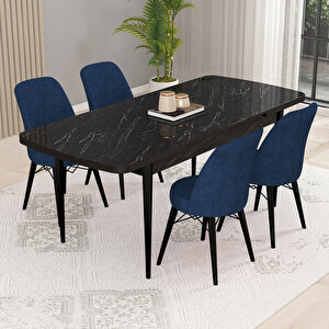 Kaf Siyah Mermer Desen 80x132 Açılabilir Mutfak Masası Takımı, 4 Adet Sandalye Lacivert