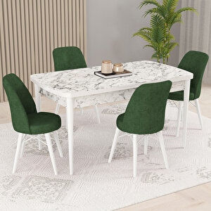 Kaf Beyaz Mermer Desen 80x132 Açılabilir Mutfak Masası Takımı, 4 Adet Sandalye Haki