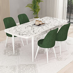 Kaf Beyaz Mermer Desen 80x132 Açılabilir Mutfak Masası Takımı, 4 Adet Sandalye Haki
