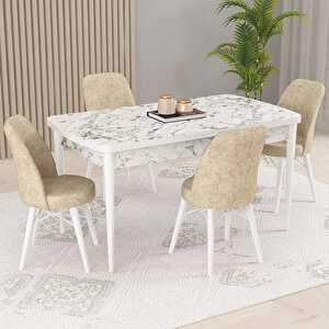Kaf Beyaz Mermer Desen 80x132 Açılabilir Mutfak Masası Takımı, 4 Adet Sandalye