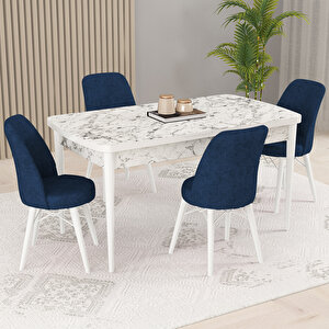 Kaf Beyaz Mermer Desen 80x132 Açılabilir Mutfak Masası Takımı, 4 Adet Sandalye Lacivert