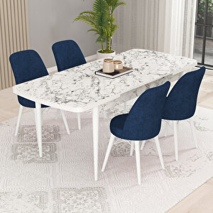 Kaf Beyaz Mermer Desen 80x132 Açılabilir Mutfak Masası Takımı, 4 Adet Sandalye Lacivert