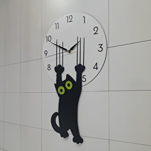 Cajuart Özel Ahşap Tasarım Saati Tırmalayan Kara Kedi Duvar Saati Dekor