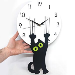 Cajuart Özel Ahşap Tasarım Saati Tırmalayan Kara Kedi Duvar Saati Dekor