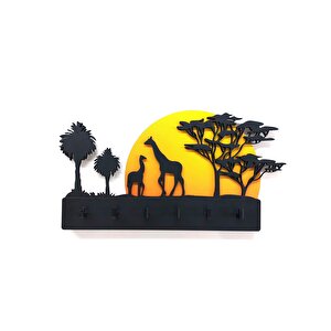 Cajuart Afrika Gün Batımı Temalı Ağaç Zürafa Duvar Anahtarlık Askılık Dekor