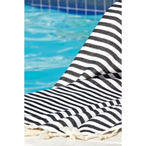 %100 Organik Pamuk, Zebra Desenli Siyah Peştemal, Banyo Ve Plaj Havlusu, 100x175cm Siyah
