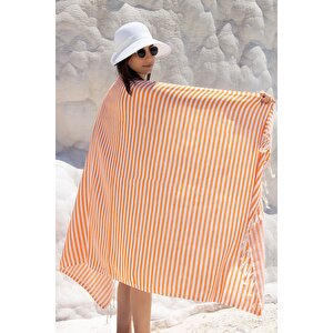 %100 Organik Pamuk, Zebra Desenli Siyah Peştemal, Banyo Ve Plaj Havlusu, 100x175cm Turuncu