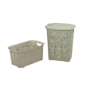 Sağlam Plastik Dantel Kirli Çamaşır Sepeti- Çamaşır Sepeti 2'li Set Çölbeji