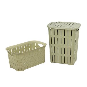 Sağlam Plastik Bambu Görünümlü Kirli Çamaşır Sepeti- Çamaşır Sepeti 2'li Set Çölbeji