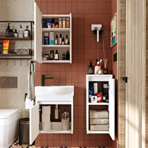 Roomart Leo Ayaksız Tek Kapaklı Sol Lavabolu 46 Cm Banyo Alt Dolabı + Aynalı Üst Dolabı + Banyo Boy Dolabı