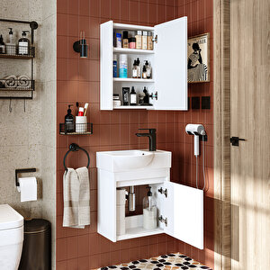 Roomart Leo Ayaksız Tek Kapaklı Sağ Lavabolu 46 Cm Banyo Alt Dolabı + Aynalı Üst Dolabı