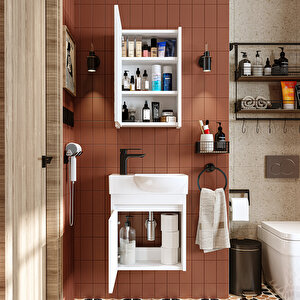 Roomart Leo Ayaksız Tek Kapaklı Sol Lavabolu 46 Cm Banyo Alt Dolabı + Aynalı Üst Dolabı
