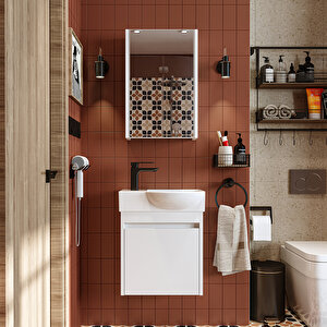 Roomart Leo Ayaksız Tek Kapaklı Sol Lavabolu 46 Cm Banyo Alt Dolabı + Aynalı Üst Dolabı