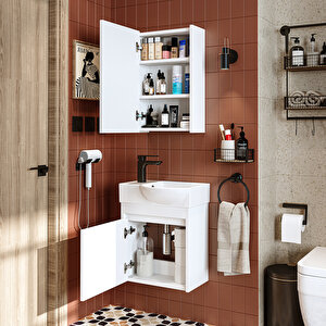 Roomart Leo Ayaksız Tek Kapaklı Sol Lavabolu 46 Cm Banyo Alt Dolabı + Aynalı Üst Dolabı