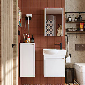 Roomart Leo Ayaksız Tek Kapaklı Sağ Lavabolu 46 Cm Banyo Alt Dolabı + Aynalı Üst Dolabı + Banyo Boy Dolabı
