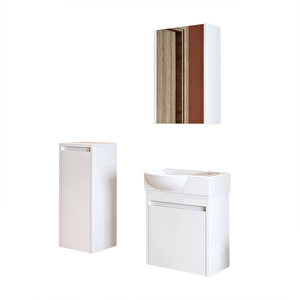 Roomart Leo Ayaksız Tek Kapaklı Sağ Lavabolu 46 Cm Banyo Alt Dolabı + Aynalı Üst Dolabı + Banyo Boy Dolabı