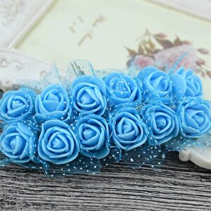 Yapay Çiçek, 12 Adetli Tüllü Lateks Gül Demeti - 8 Cm, Mavi