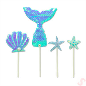 Deniz Kızı Pul Payetli Pasta Süsü, 4'lü Set - Mavi