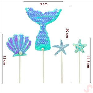 Deniz Kızı Pul Payetli Pasta Süsü, 4'lü Set - Mavi