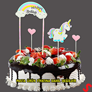 Unicorn Happy Birthday Pasta Süsü, 4'lü Set - Pembe
