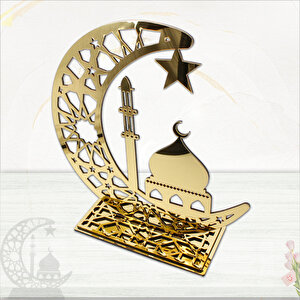 Ramazan Dekoratif Altın Pleksi Hilal Ve Cami, 30cm X 30cm