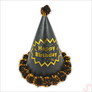 Ponponlu Happy Birthday Şapka, 20cm X 1 Adet - Siyah