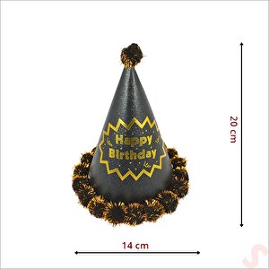 Ponponlu Happy Birthday Şapka, 20cm X 1 Adet - Siyah