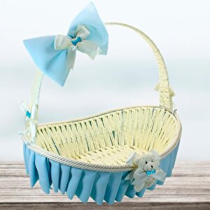 Saplı Oval Kumaş Süslü Sepet, 41 Cm, Büyük Boy Mavi