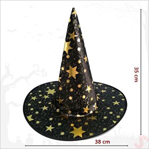 Yıldız Desenli Hallloween Cadı Şapkası, 38cm - Siyah