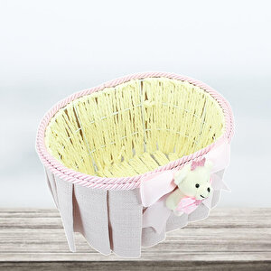 Ayıcıklı Oval Sepet, Pembe Süslü