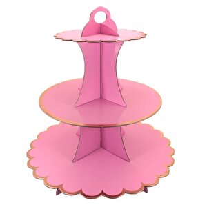 Cupcake Standı, 3 Katlı, Metalik Altın Çerçeveli, Pembe