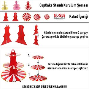 Cupcake Standı, 3 Katlı, Metalik Altın Çerçeveli, Pembe