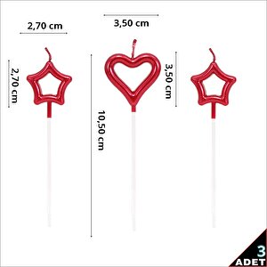 Metalik 1 Kalp Ve 2 Yıldız Mum, 10,5cm X 3 Adet - Kırmızı