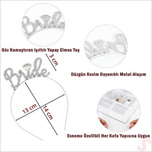 Kristal Parlak Taşlı, Metal Bride Taç - Gümüş