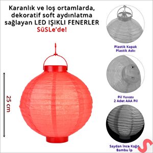 Led Işıklı Pilli Kağıt Top Fener, 25 Cm - Kırmızı