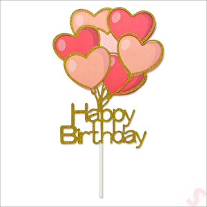 Happy Birthday Kalp Pasta Süsü, 20cm X 10cm - Altın