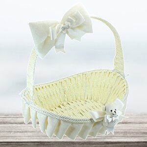 Saplı Oval Kumaş Süslü Sepet, 41 Cm, Büyük Boy, Krem