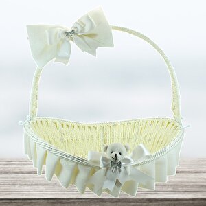 Saplı Oval Kumaş Süslü Sepet, 41 Cm, Büyük Boy, Krem