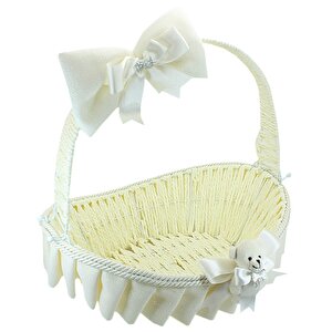 Saplı Oval Kumaş Süslü Sepet, 41 Cm, Büyük Boy, Krem