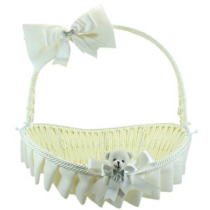 Saplı Oval Kumaş Süslü Sepet, 41 Cm, Büyük Boy, Krem