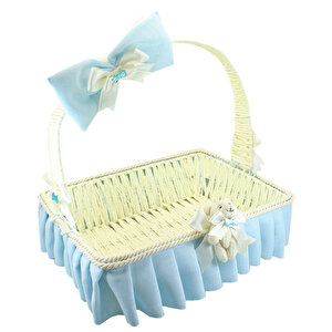 Saplı Dikdörtgen Kumaş Süslü Sepet, 35 Cm, Büyük Boy Mavi