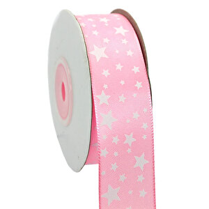 Saten Kurdele, Yıldız Baskılı, 2,50 Cm X 23 Mt - Pembe