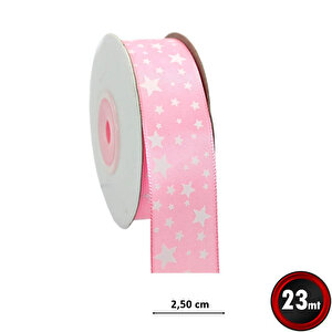 Saten Kurdele, Yıldız Baskılı, 2,50 Cm X 23 Mt - Pembe