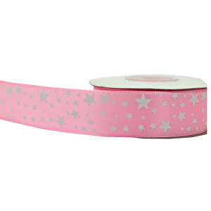 Saten Kurdele, Yıldız Baskılı, 2,50 Cm X 23 Mt - Pembe