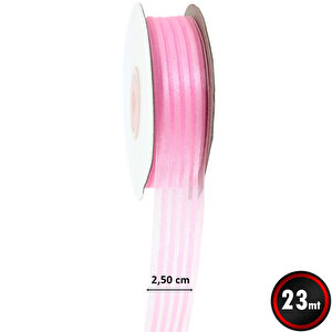 Şifon Kurdele, 4 Yollu Ve Saten Çizgili, 2,50 Cm X 23 Mt - Pembe
