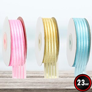 Şifon Kurdele, 4 Yollu Ve Saten Çizgili, 2,50 Cm X 23 Mt - Pembe