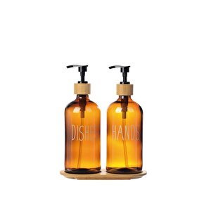 2’li Ahşap Standlı Cam Sıvı Sabun Ve Bulaşık Deterjanı Şişesi Sabunluk Amber 500 Ml - D/11 C1-1-289